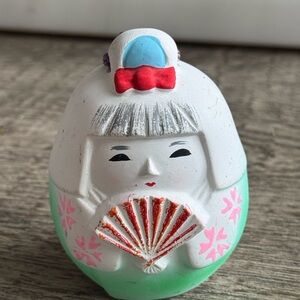 Handcrafted Daruma Japanese Doll Figurine - White and Green good luck